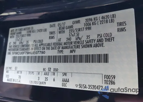 2017 Ford Escape S z USA, uszkodzony, nr VIN 1FMCU0F79HUE07790